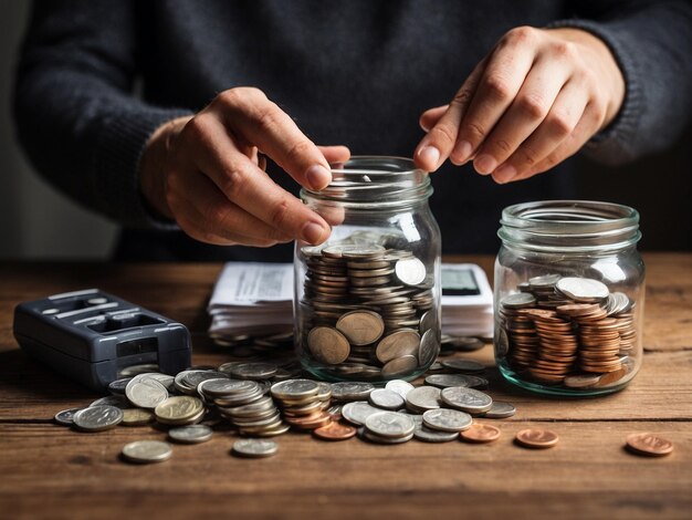 Niña pequeña con una alcancía y monedas en un fondo de color concepto de ahorro de dinero