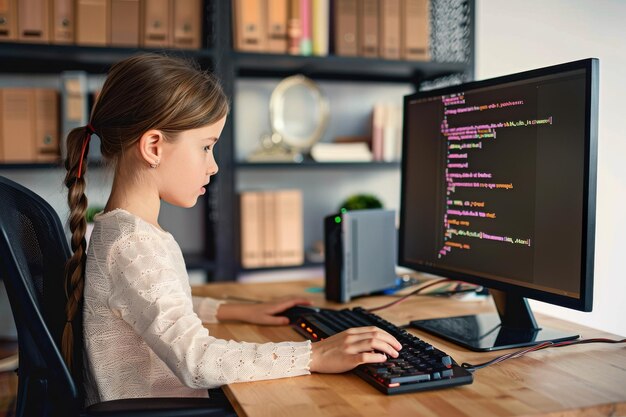 Niña pequeña aprendiendo a codificar en la computadora de escritorio en casa Niña pequeña codificando en la computación de escritorio a h