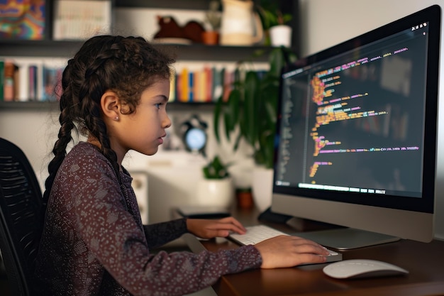 Niña pequeña aprendiendo a codificar en la computadora de escritorio en casa Niña pequeña codificando en la computación de escritorio a h