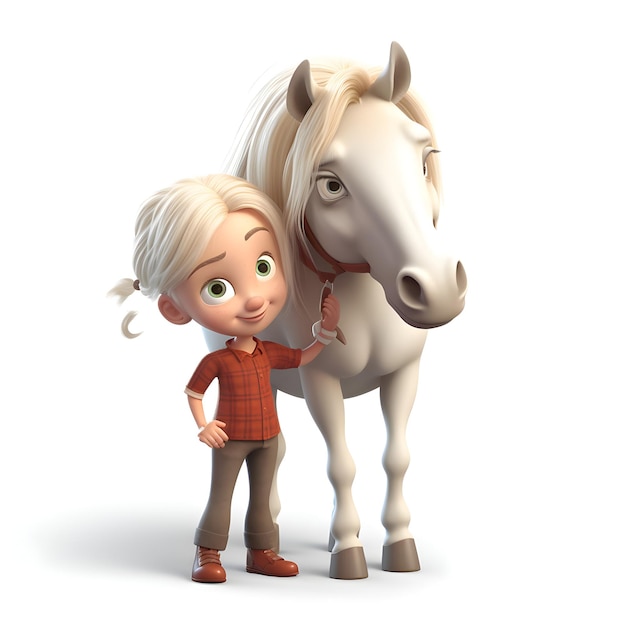 Niña pequeña y caballo blanco sobre un fondo blanco renderización 3D