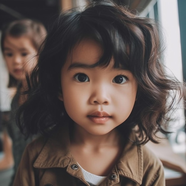 Una niña pequeña con cabello castaño y una chaqueta marrón se para frente a una ventana.