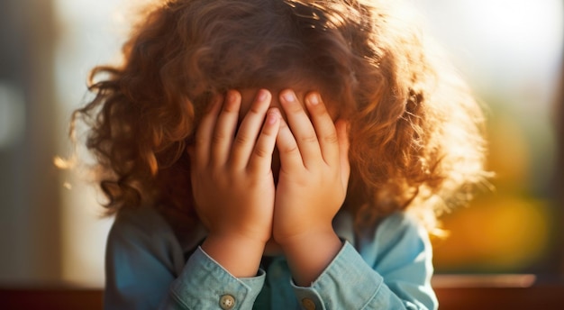 Foto niña pequeña con el cabello rizado con la cara cubierta por sus manos sintiéndose molesta o jugando al escondite