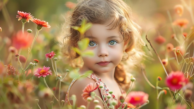 Niña pequeña con cabello rizado rubio de pie en un campo de flores rojas y rosas Ella lleva un vestido blanco con patrón floral rosa