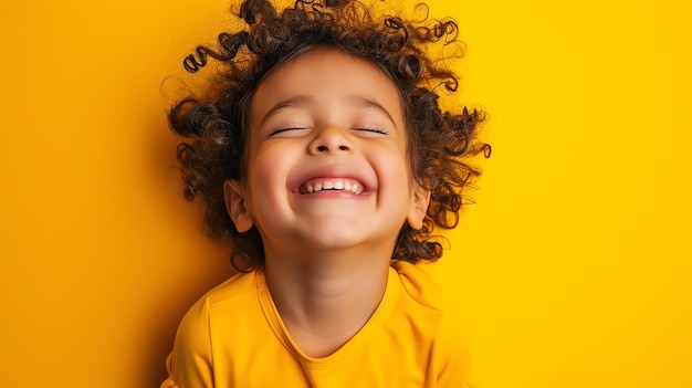 Foto niña pequeña con el cabello rizado sonriendo felizmente contra un fondo amarillo