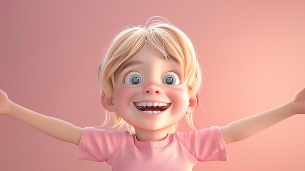 Niña pequeña con cabello rubio y ojos azules sonriendo felizmente lleva una camisa rosa y tiene los brazos extendidos