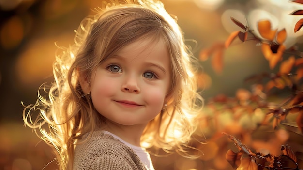 Niña pequeña con cabello rubio y ojos azules sonriendo lleva un suéter marrón el fondo es borroso y tiene una cálida sensación de otoño