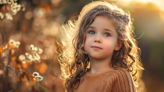 Niña pequeña con el cabello rubio rizado mirando lejos pensativo en un campo de flores