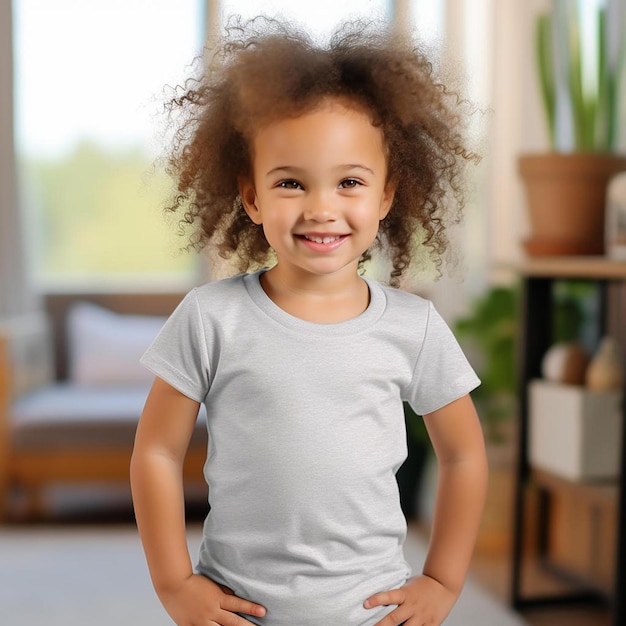 Una niña pequeña con una camiseta que dice "feliz".