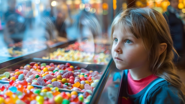 Foto niña pequeña caucásica mirando varios dulces gummy jellies lollipop etc