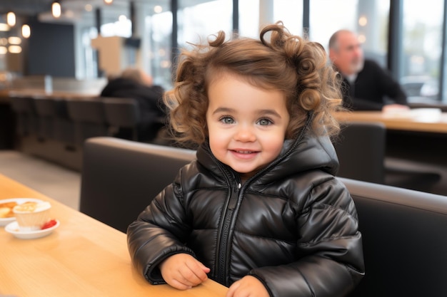 una niña pequeña en una chaqueta negra sentada en una mesa