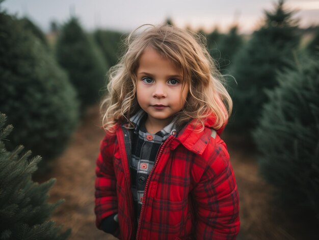 Niña pequeña con una chaqueta roja a cuadros caminando por una granja de árboles de Navidad