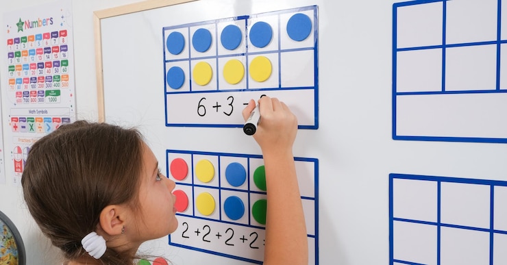 Foto niña pequeña en la clase cerca de la tabla magnética blanca sonriendo resolviendo matemáticas usando marcos y contadores