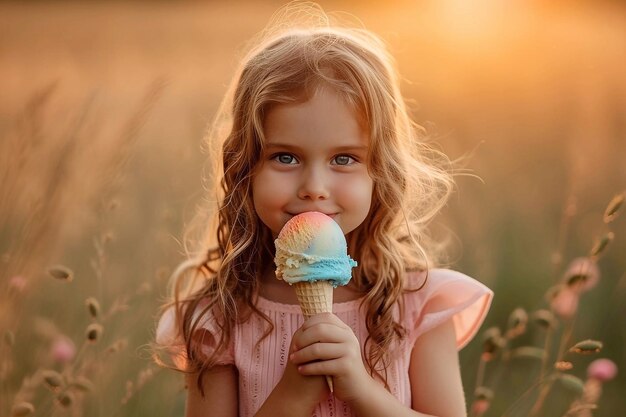 Una niña pequeña come helado en un cono de waffle