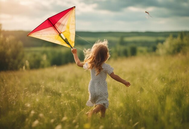 Foto una niña pequeña está corriendo en un campo con una cometa en las manos