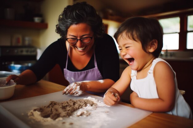 Una niña pequeña divirtiéndose en la cocina con su abuela