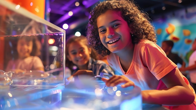 Niña pequeña divirtiéndose en un museo de ciencias mirando una exposición