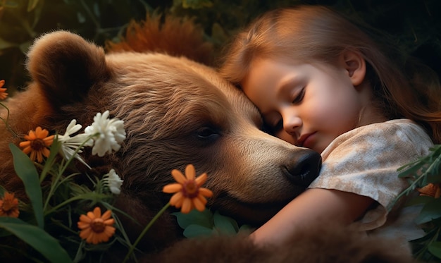 Foto una niña pequeña está durmiendo al lado de un perro y un oso