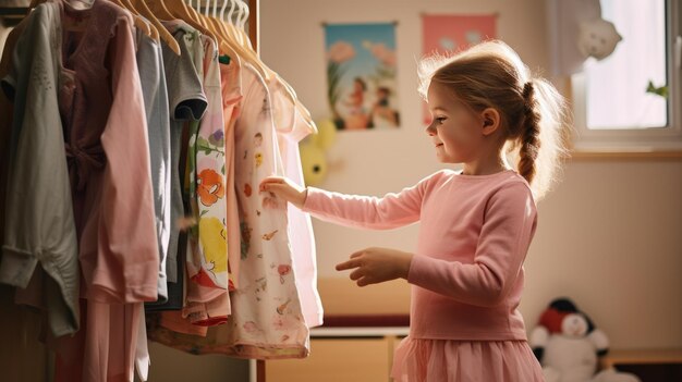 Niña pequeña elige ropa para el jardín de infantes o la escuela en su casa