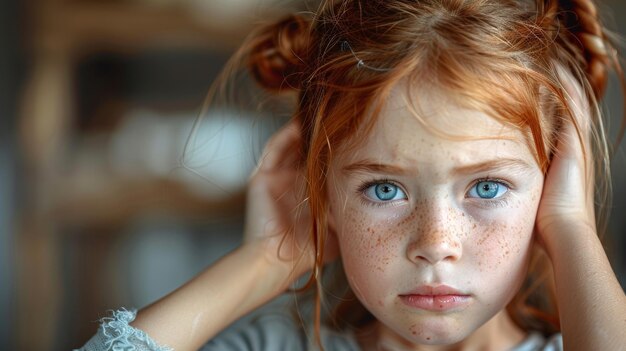 Niña pequeña enferma con dolor de cabeza Niña pequeña triste sosteniendo su cabeza