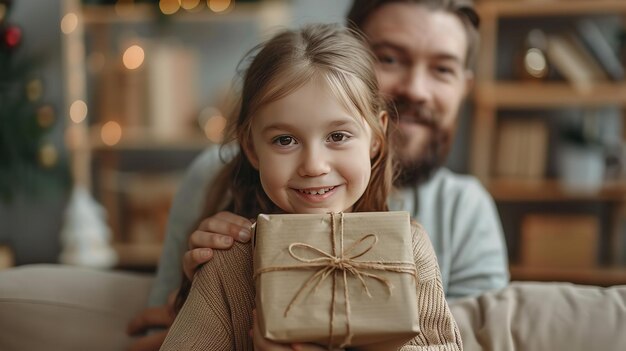 Una niña pequeña está escondiendo una caja de regalos mirando a la cámara saludará a su padre en el Día del Padre mientras su padre está sentado en el sofá vagando y el espacio IA generativa