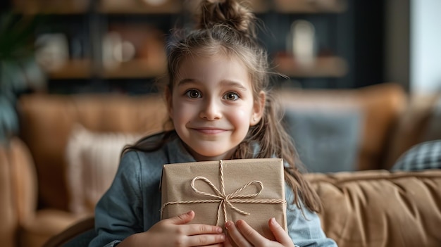 Una niña pequeña está escondiendo una caja de regalos mirando a la cámara saludará a su padre en el Día del Padre mientras su padre está sentado en el sofá vagando y el espacio IA generativa