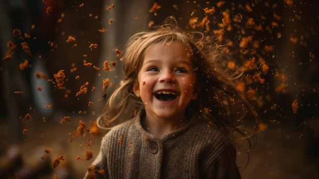 Una niña pequeña está jugando con hojas en el aire.