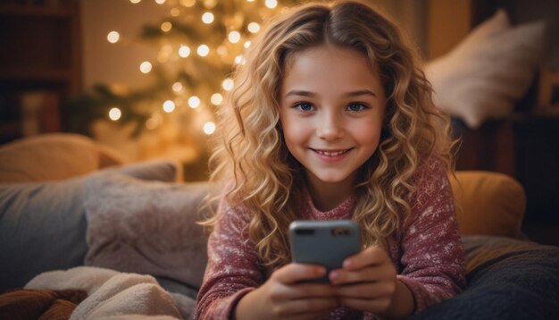 una niña pequeña está jugando con un teléfono y un árbol de Navidad detrás de ella