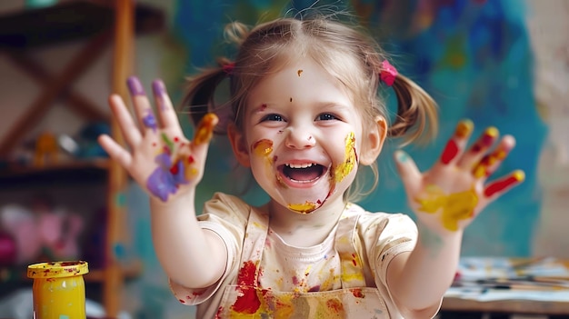 Una niña pequeña se está pintando las manos con diferentes colores y está sonriendo