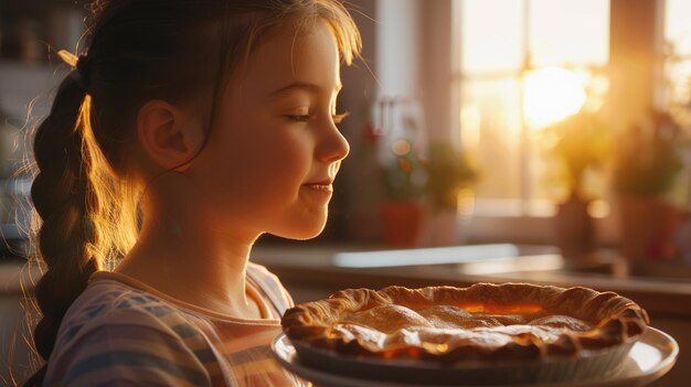 Una niña pequeña está sentada en una mesa con un pastel disfrutando de algunos productos horneados