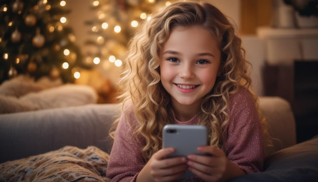 una niña pequeña está sonriendo y sosteniendo un teléfono frente a un árbol de Navidad