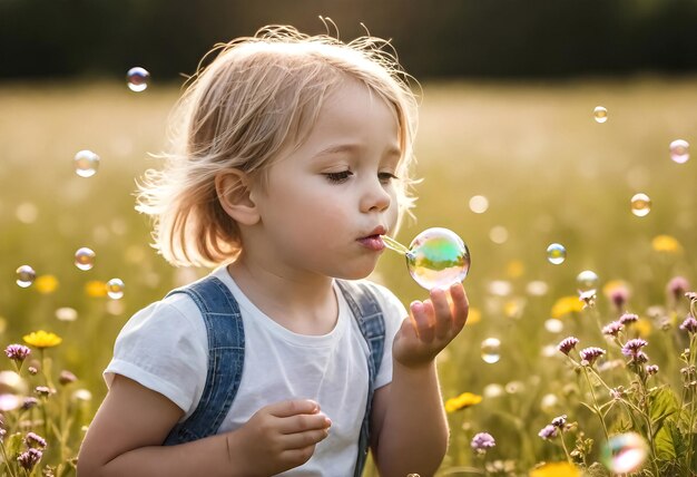 una niña pequeña está soplando burbujas en un campo de flores