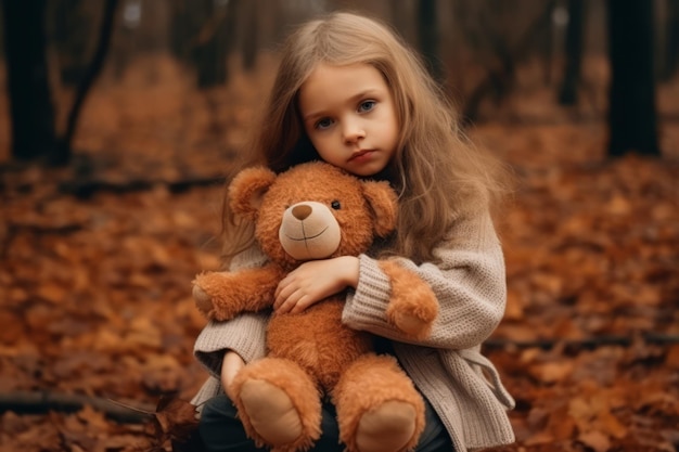Una niña pequeña está sosteniendo un oso de peluche en el bosque.