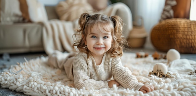 Una niña pequeña está tendida en el suelo en una habitación con muchos juguetes