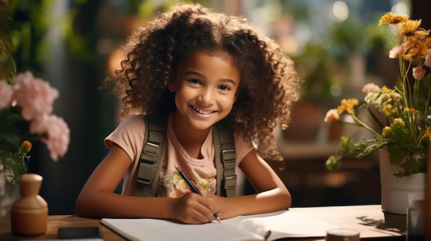 Niña pequeña estudiando en casa