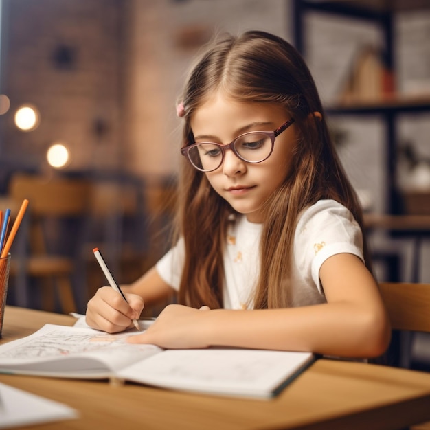 Niña pequeña estudiante que estudia en la educación escolar y la idea de la escuela IA generativa