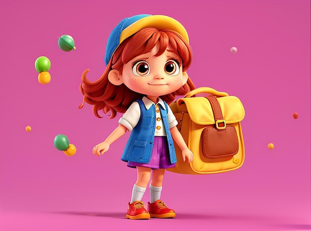 Niña pequeña con fondo colorido divertido personaje de dibujos animados escuela niño 3d