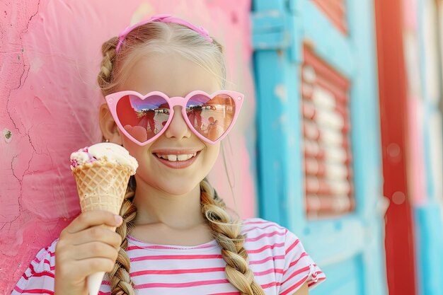 Una niña pequeña con gafas de sol en forma de corazón sosteniendo un cono de helado