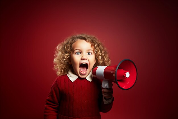 Niña pequeña gritando en el altavoz aislada en fondo rojo Copiar espacio