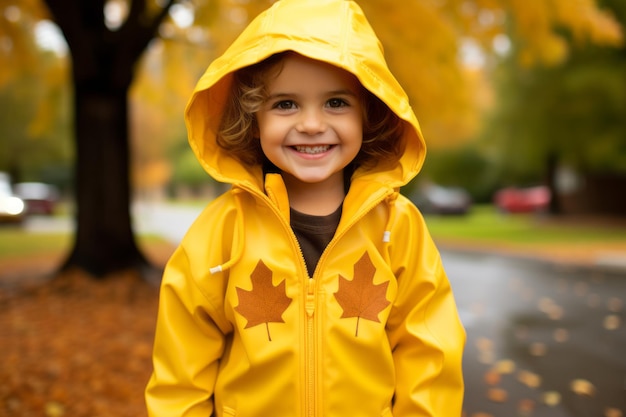 una niña pequeña con un impermeable amarillo con hojas de arce en él