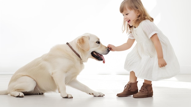 Niña pequeña juega con su perro en un estudio con fondo blanco IA generativa