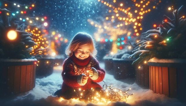 Una niña pequeña jugando alegremente con las luces de Navidad al aire libre durante una suave nevada