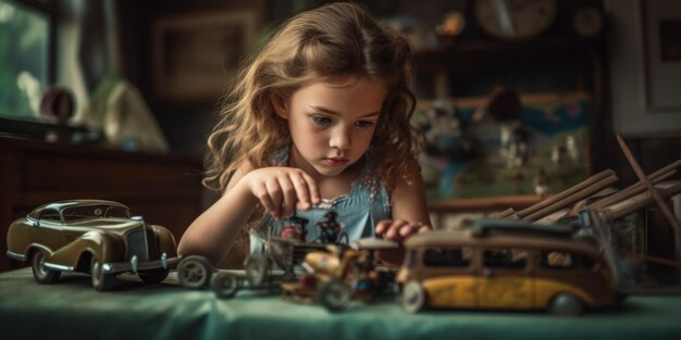 Una niña pequeña jugando con autos de juguete en una mesa Imagen generativa de IA