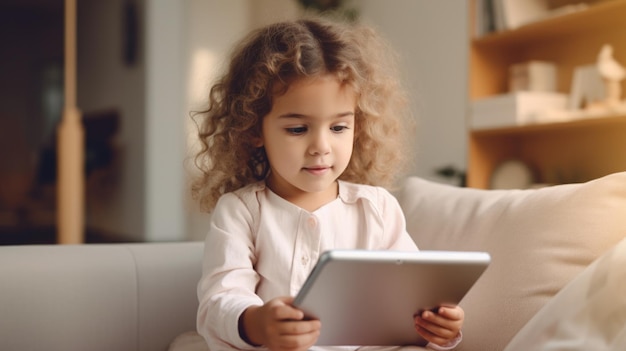 Foto niña pequeña jugando tableta en el sofá en casa concepto de niños y dispositivos electrónicos