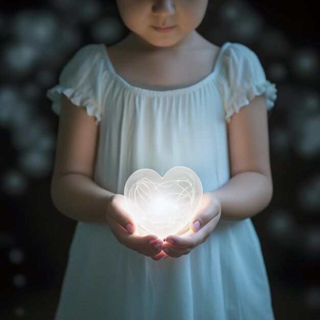 Una niña pequeña en las manos iluminando el corazón