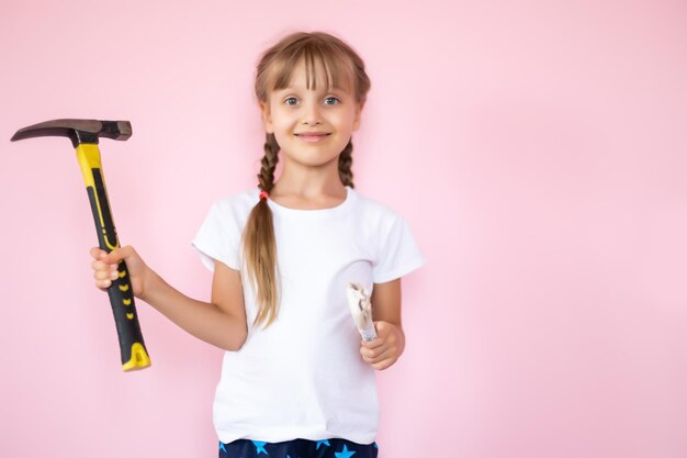 niña pequeña con un martillo hace reparaciones en la habitación de los niños