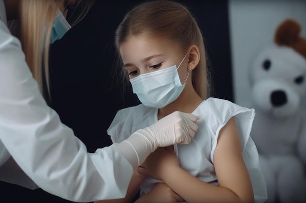 Niña pequeña con una máscara médica y guantes sobre un fondo oscuro IA generativa