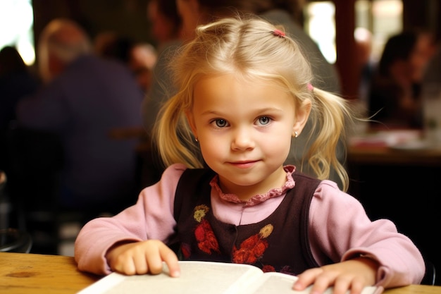 Niña pequeña en la mesa leyendo un libro