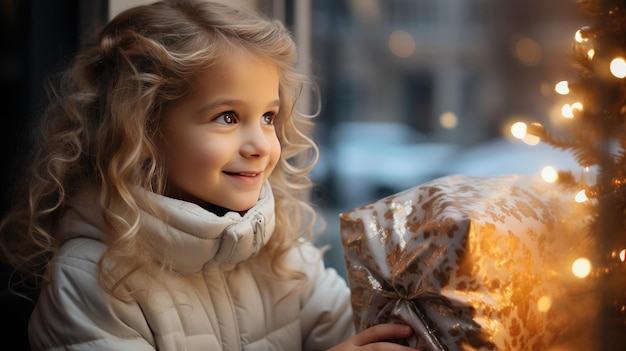 Una niña pequeña mira por la ventana soñando con el año nuevo