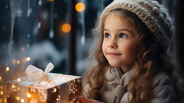 Una niña pequeña mira por la ventana soñando con el año nuevo