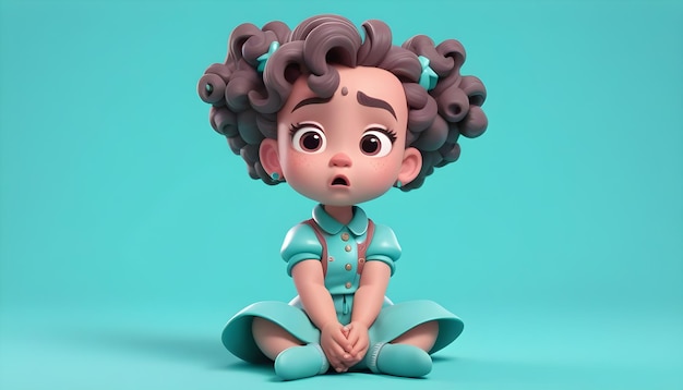 niña pequeña niño de dibujos animados 3d cabello ondulado de la etnia ural vestido con diseñador industrial